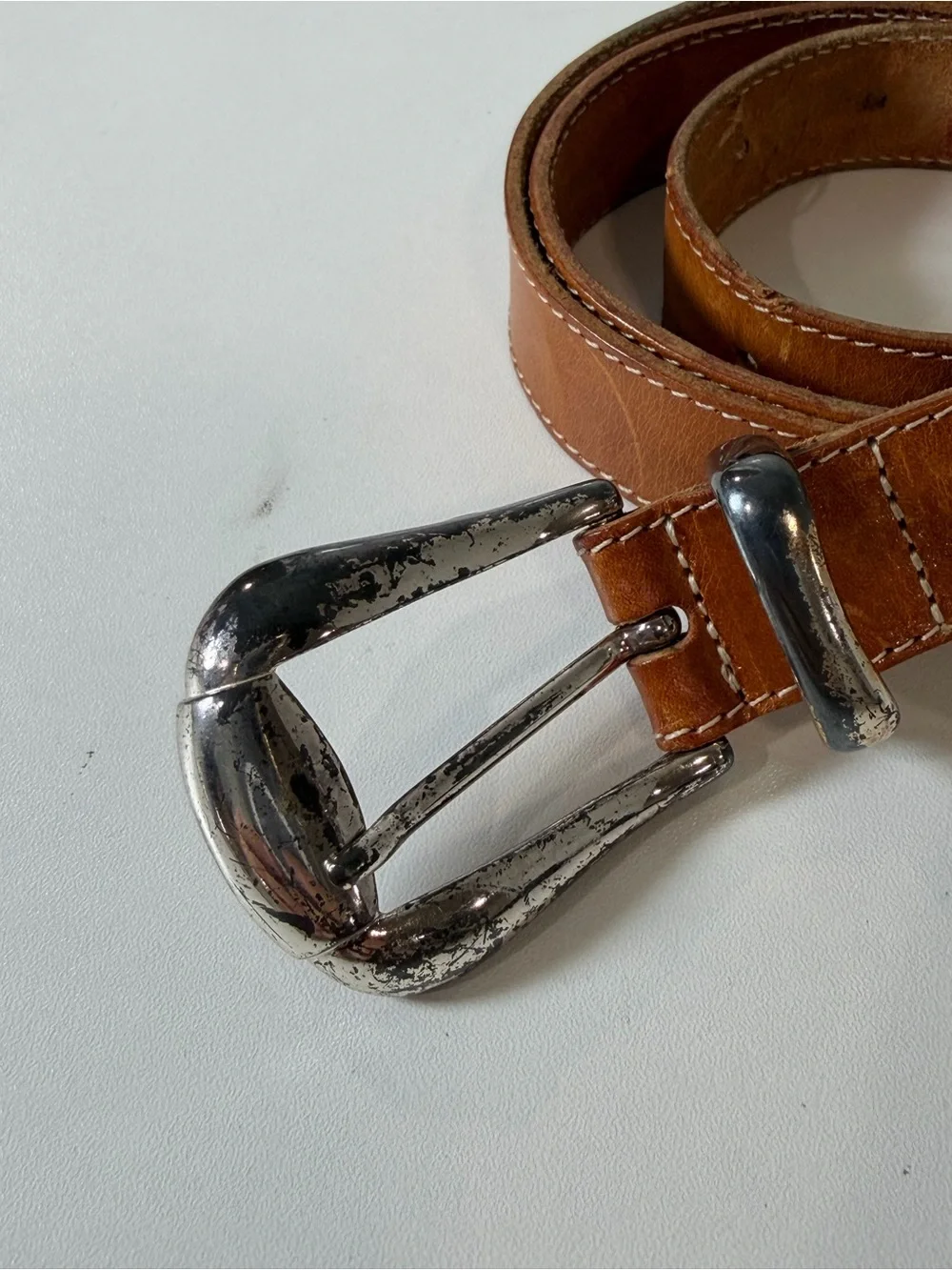 Linea Pelle by Mira K Medium Brown Genuine Leather Belt Distressed Silver Buckle